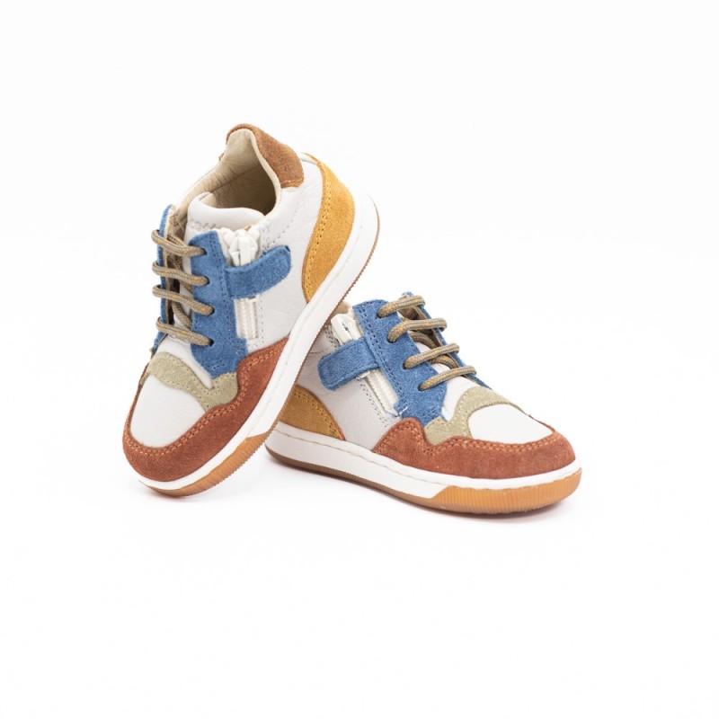 FALCOTTO - Kang Zip & lacets | Suède/Nappa Cuivre | Lait | Azur