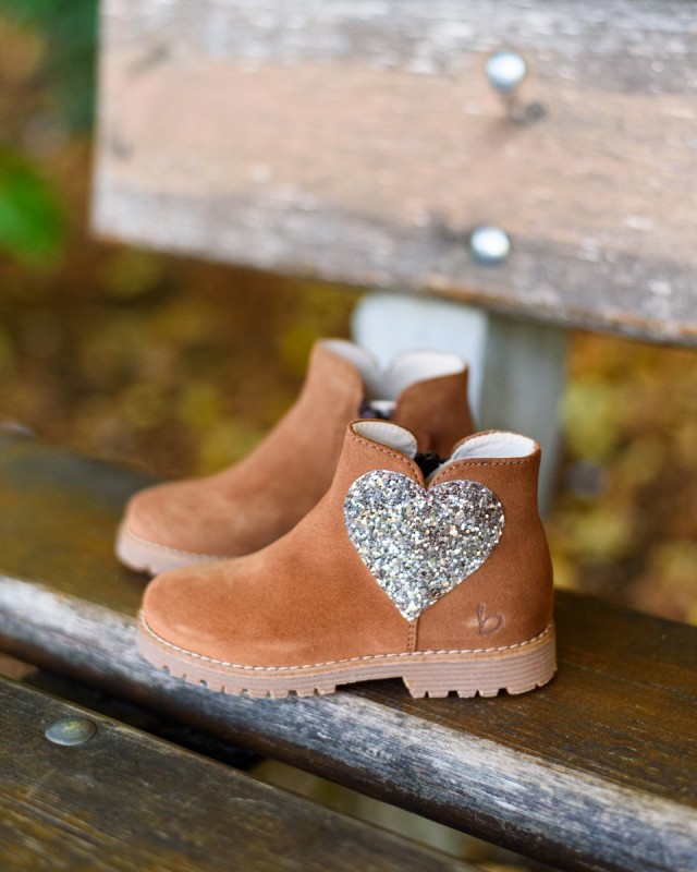 Boots fille cœur pailleté nubuck hydrofuge cognac | Victoire
